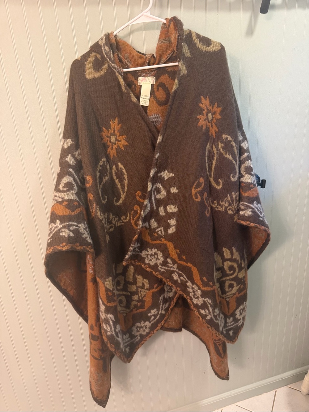 Free People Brown and Rust Patterned Hooded Poncho